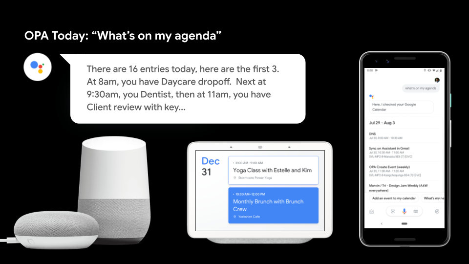 The existing Assistant agenda experience across speakers, Smart Display, and phone, showing a chronological readout of the first few calendar entries