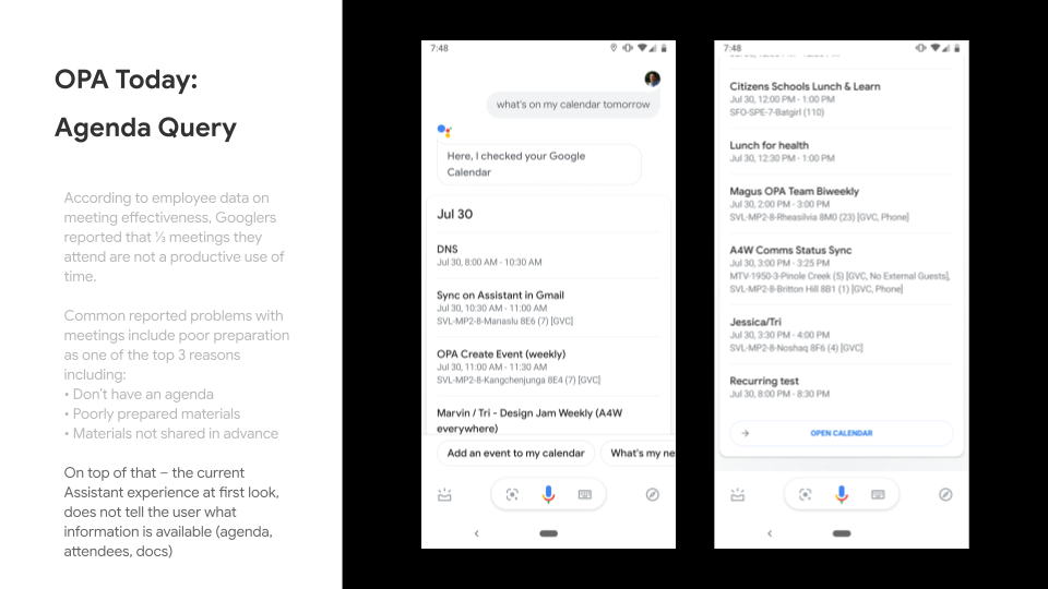 Existing Assistant agenda query showing a long calendar list without surfacing meeting agendas, attendees, or preparation documents
