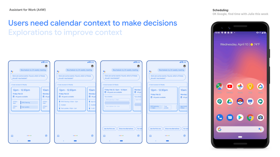 Calendar-context explorations comparing meeting cards for rescheduling, alongside an Assistant scheduling example