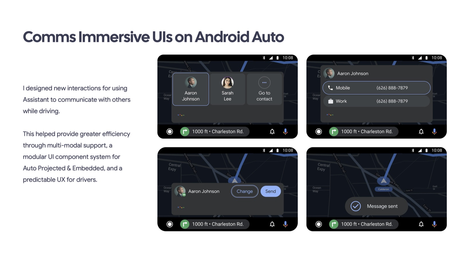 Comms Immersive UIs on Android Auto: modular contact selection, phone-number selection, message confirmation, and sent states over navigation