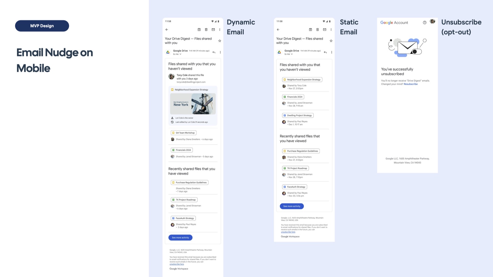 Email nudge on mobile shown in three states: dynamic email, static email, and unsubscribe confirmation